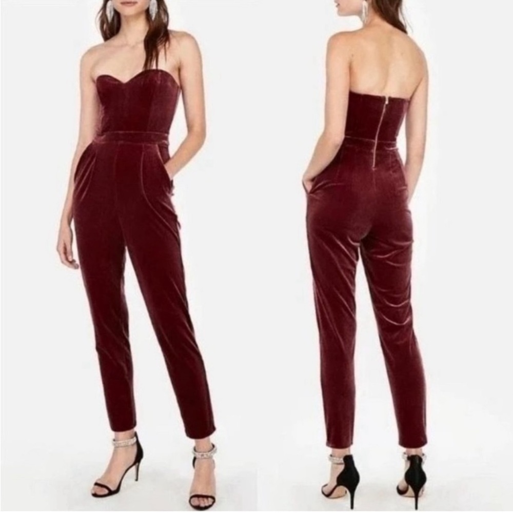 Express Velvet Strapless Sweetheart Neckline Jumpsuit pockets burgundy 10
